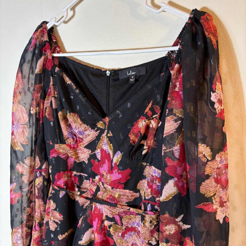 Lulus Dramatically Dreamy Black Floral Chiffon Tiered Lurex Mini Dress Medium - Picture 4 of 9